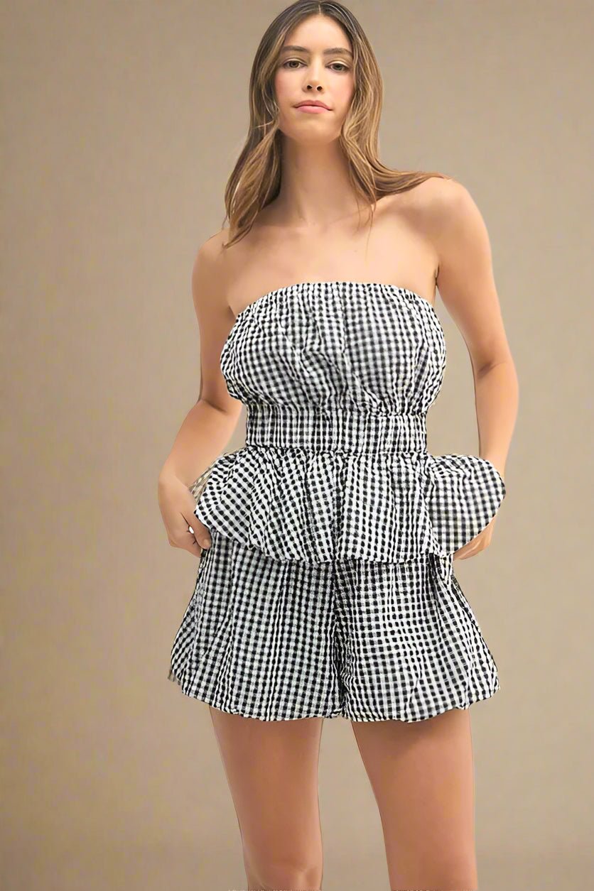 Mable - Black Gingham Strapless Peplum Short Set