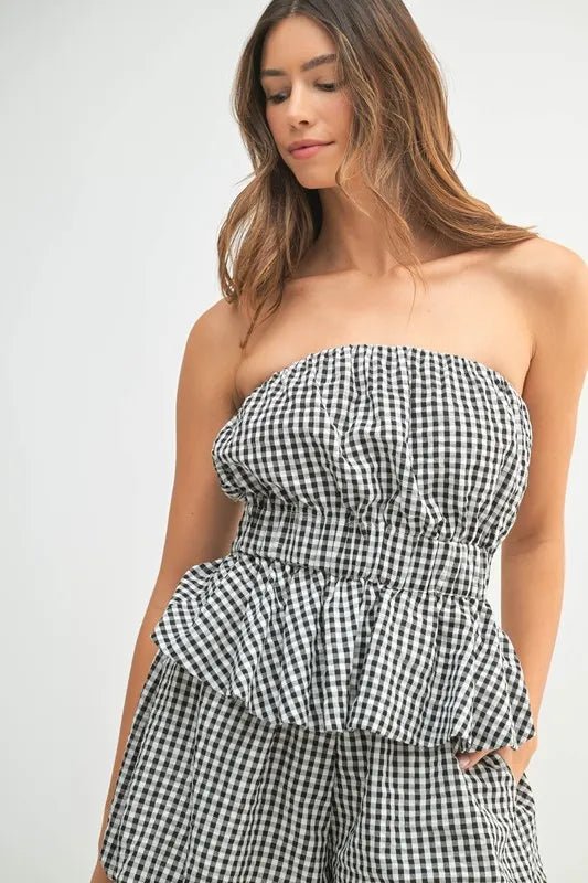 Mable - Black Gingham Strapless Peplum Short Set