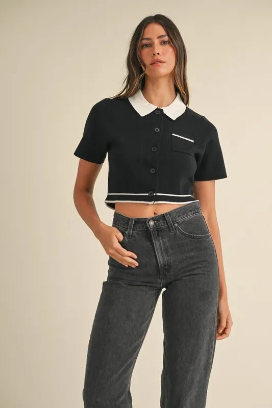 Mable - Black Knit Cropped Button - Up Top