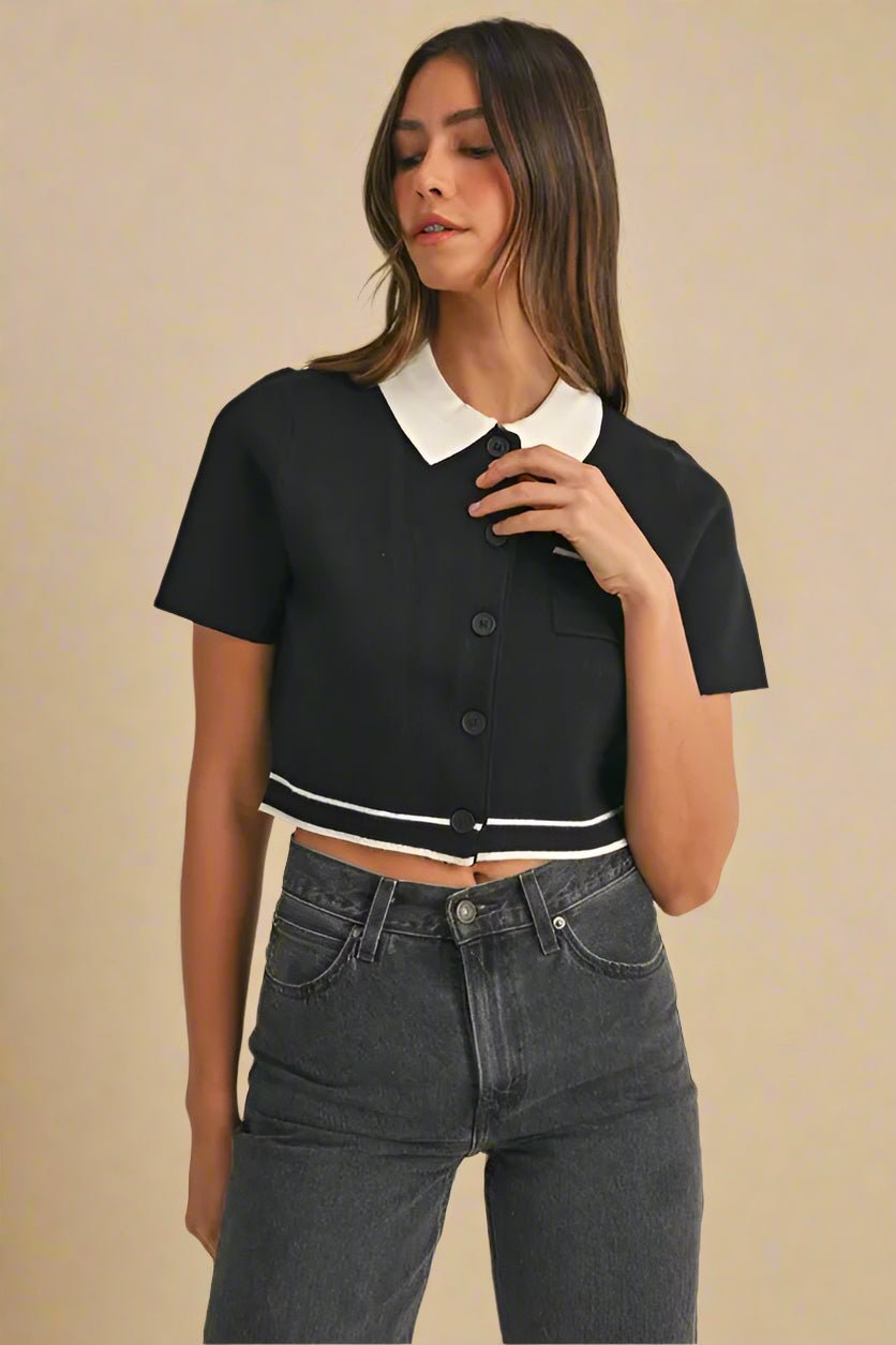 Mable - Black Knit Cropped Button - Up Top