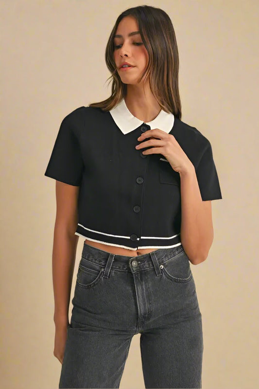 Mable - Black Knit Cropped Button - Up Top