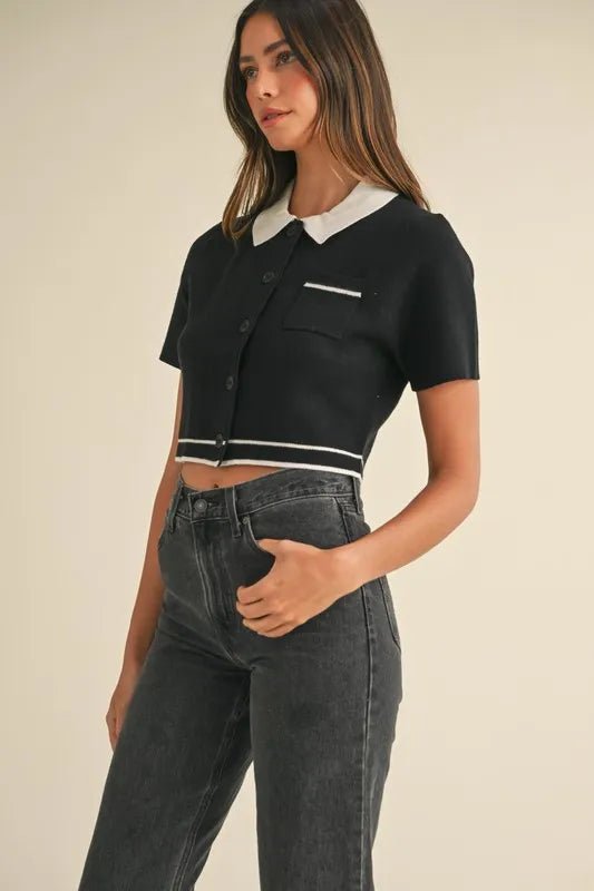 Mable - Black Knit Cropped Button - Up Top