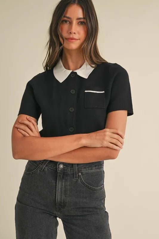Mable - Black Knit Cropped Button - Up Top