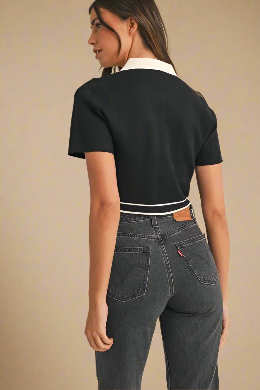 Mable - Black Knit Cropped Button - Up Top