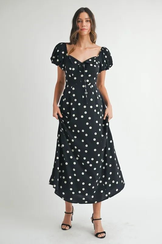 Mable - Black Polka Dot Puff Sleeve Midi Dress