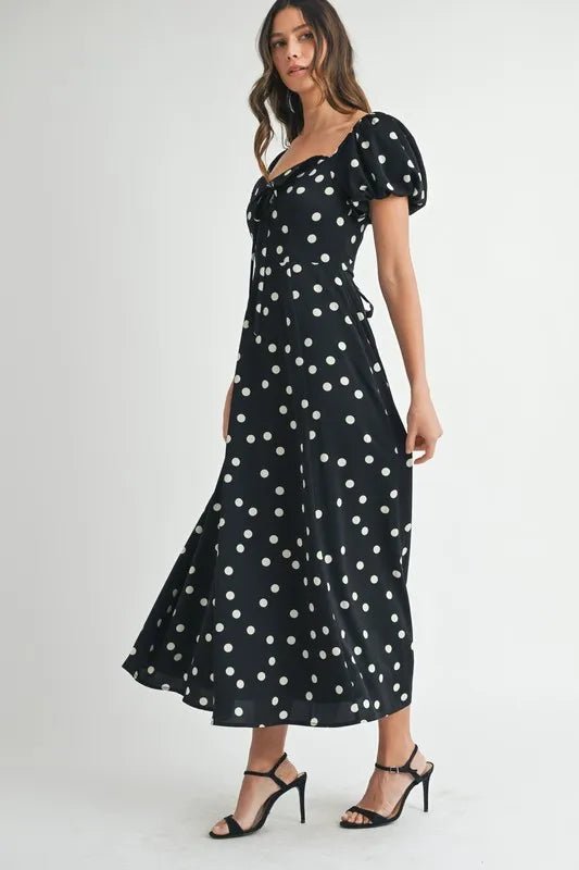 Mable - Black Polka Dot Puff Sleeve Midi Dress