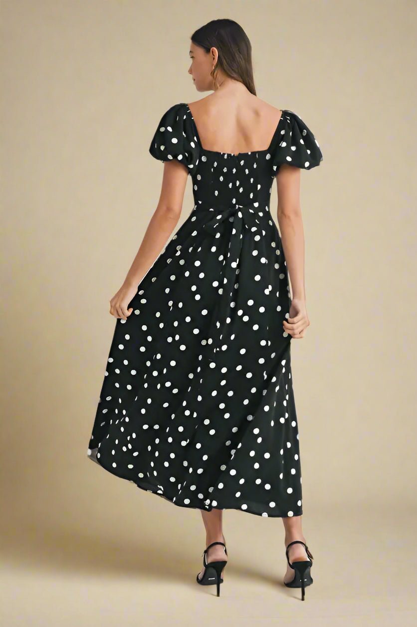 Mable - Black Polka Dot Puff Sleeve Midi Dress