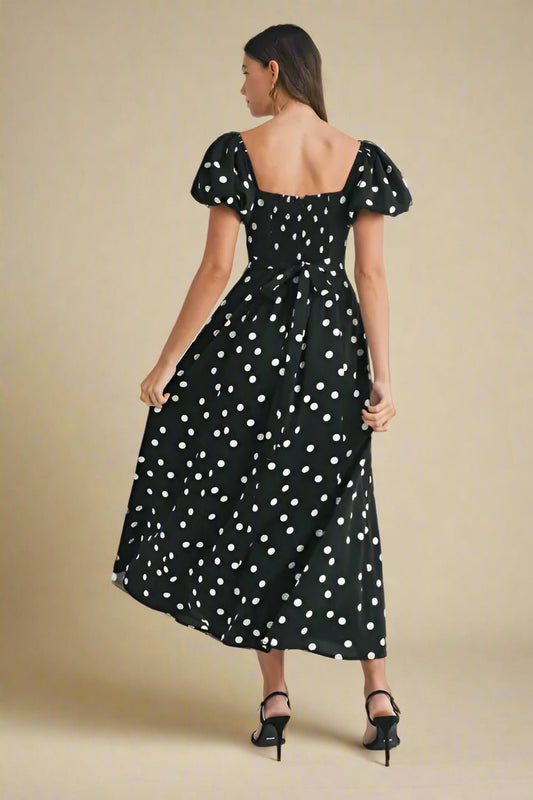 Mable - Black Polka Dot Puff Sleeve Midi Dress