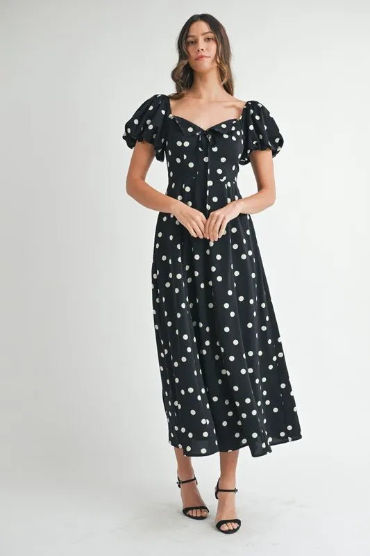 Mable - Black Polka Dot Puff Sleeve Midi Dress