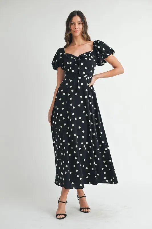 Mable - Black Polka Dot Puff Sleeve Midi Dress