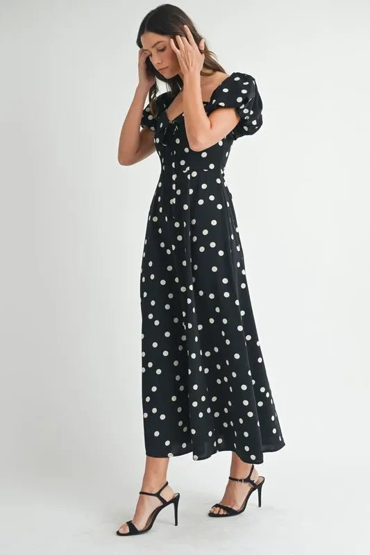 Mable - Black Polka Dot Puff Sleeve Midi Dress