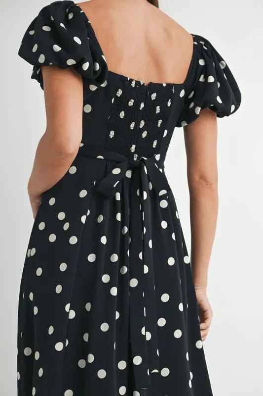 Mable - Black Polka Dot Puff Sleeve Midi Dress