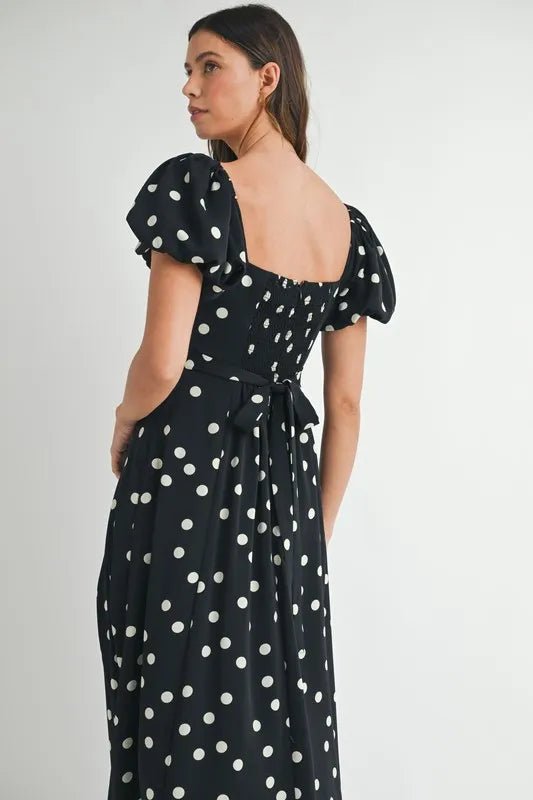 Mable - Black Polka Dot Puff Sleeve Midi Dress