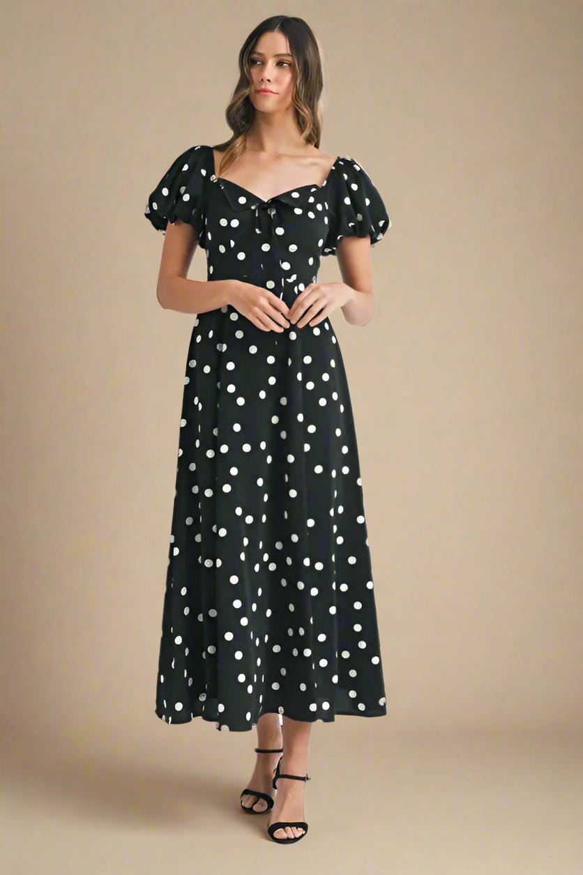 Mable - Black Polka Dot Puff Sleeve Midi Dress