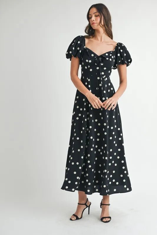 Mable - Black Polka Dot Puff Sleeve Midi Dress