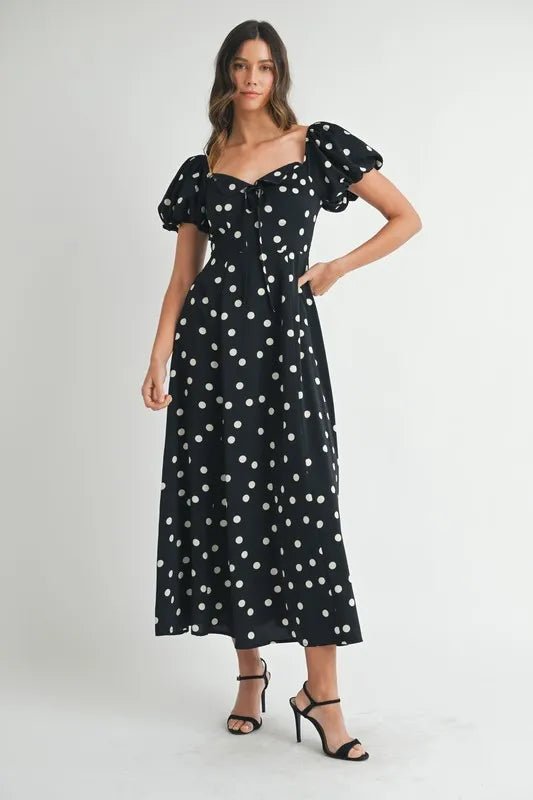 Mable - Black Polka Dot Puff Sleeve Midi Dress