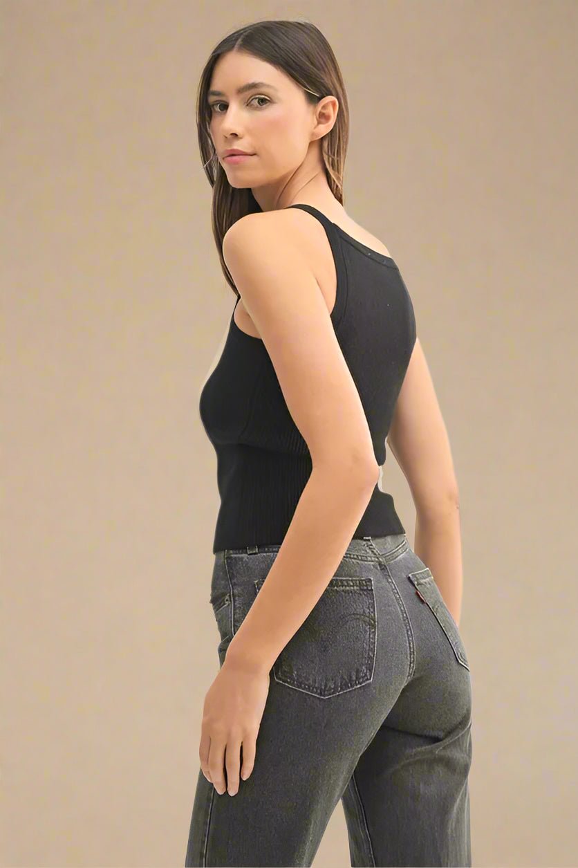 Mable - Black Ribbed High Neck Tank