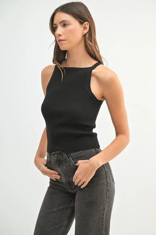 Mable - Black Ribbed High Neck Tank
