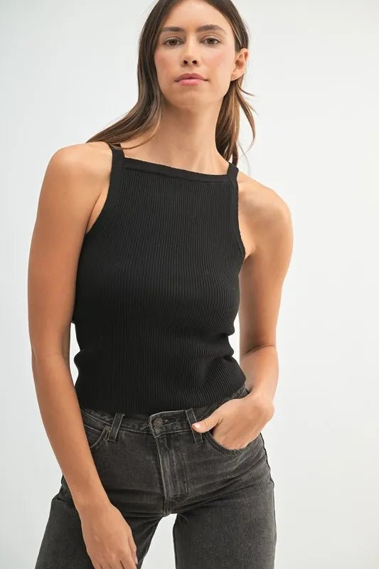 Mable - Black Ribbed High Neck Tank