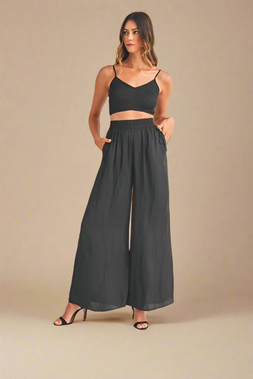 Mable - Black Smocked Crop Top & Wide Leg Pant Set