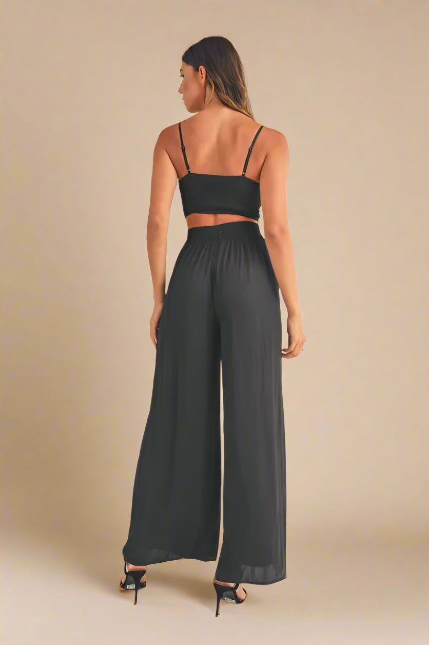 Mable - Black Smocked Crop Top & Wide Leg Pant Set