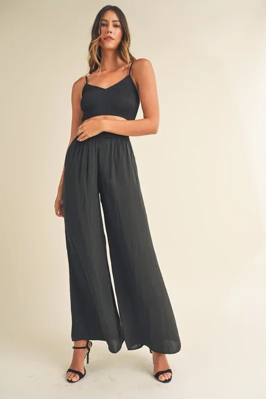 Mable - Black Smocked Crop Top & Wide Leg Pant Set