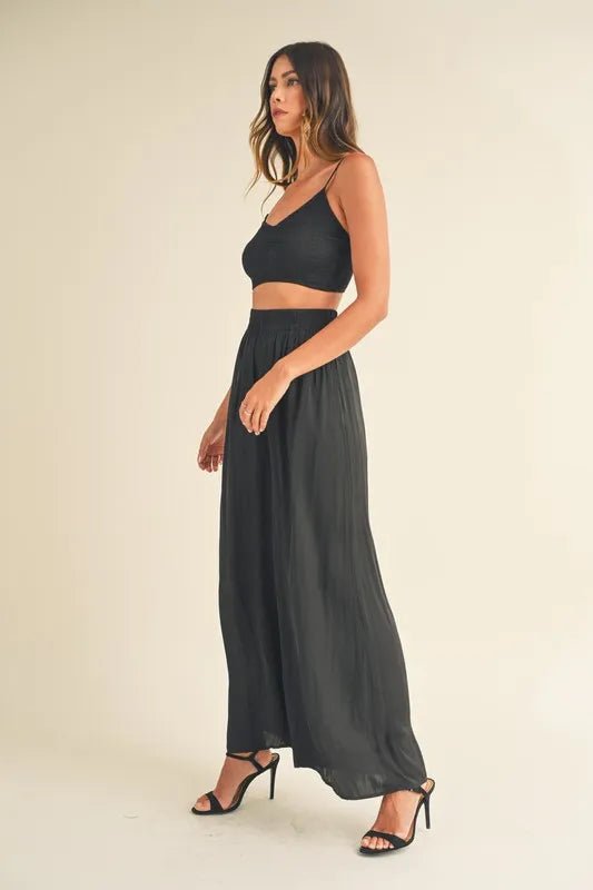 Mable - Black Smocked Crop Top & Wide Leg Pant Set
