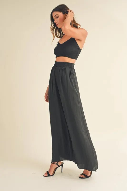Mable - Black Smocked Crop Top & Wide Leg Pant Set