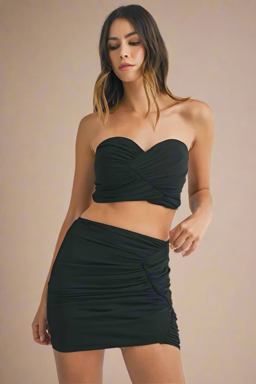 Mable - Black Strapless Ruched Bandeau & Mini Skirt Set