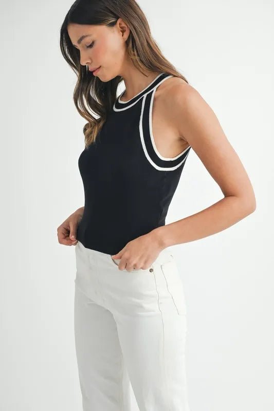 Mable - Black & White Contrast Trim Halter Knit Top
