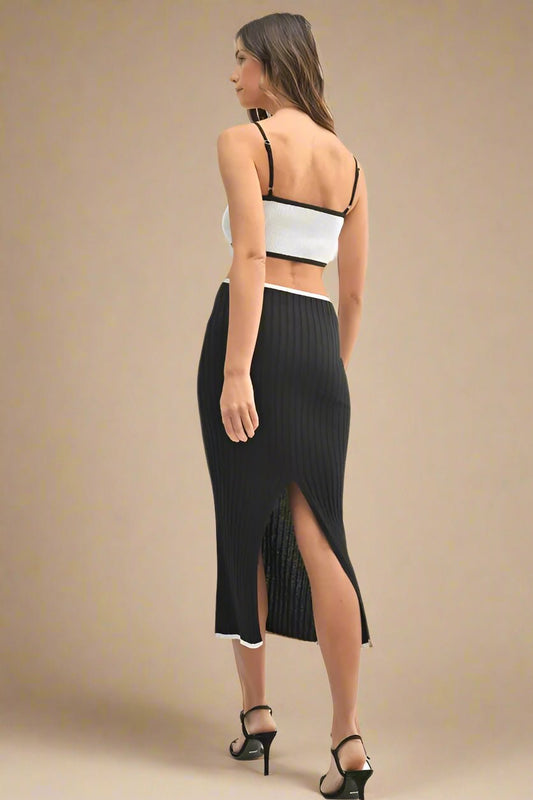 Mable - Black & White Ribbed Knit Cutout Midi Dress