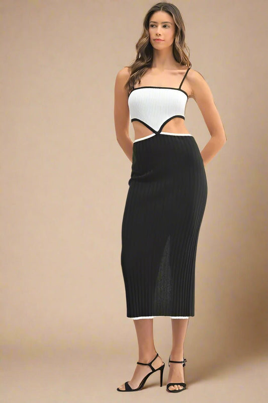 Mable - Black & White Ribbed Knit Cutout Midi Dress