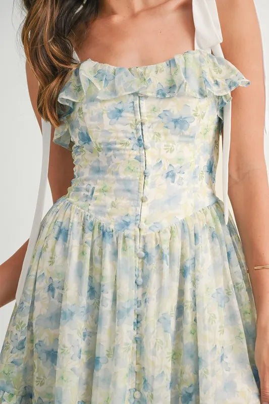Mable - Blue & Green Floral Tiered Chiffon Maxi Dress
