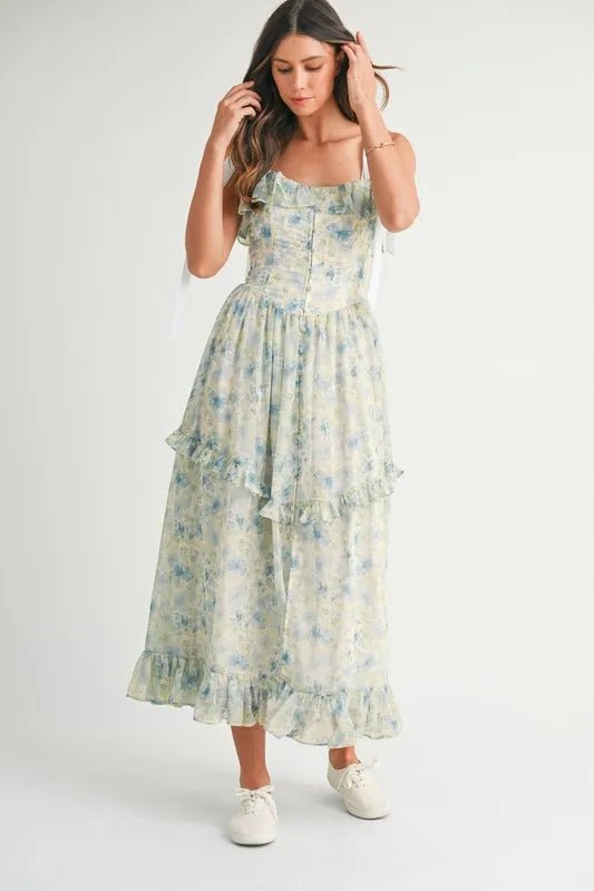 Mable - Blue & Green Floral Tiered Chiffon Maxi Dress