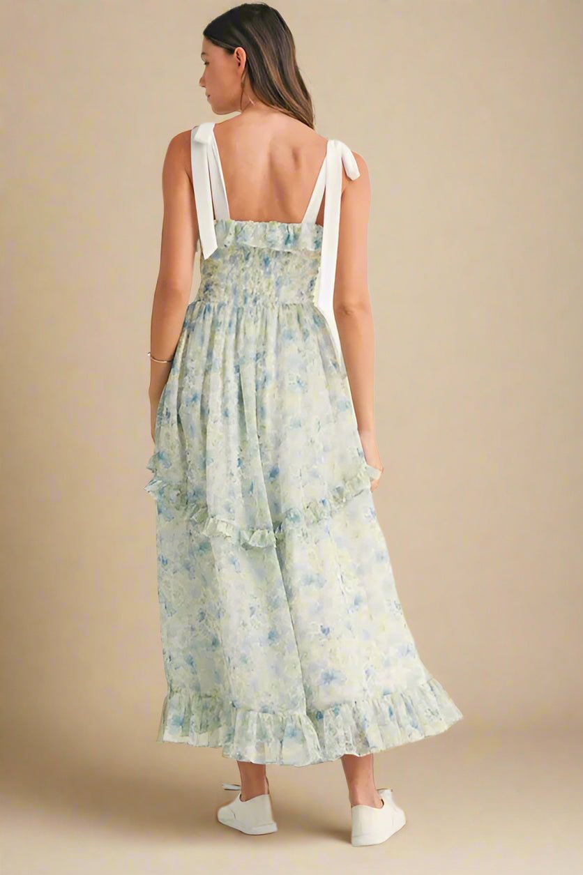 Mable - Blue & Green Floral Tiered Chiffon Maxi Dress