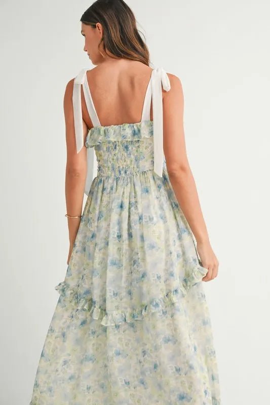 Mable - Blue & Green Floral Tiered Chiffon Maxi Dress