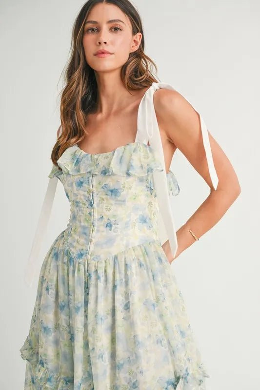 Mable - Blue & Green Floral Tiered Chiffon Maxi Dress
