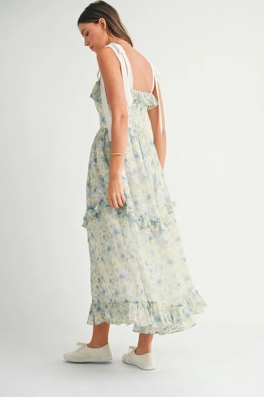Mable - Blue & Green Floral Tiered Chiffon Maxi Dress