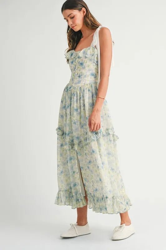 Mable - Blue & Green Floral Tiered Chiffon Maxi Dress