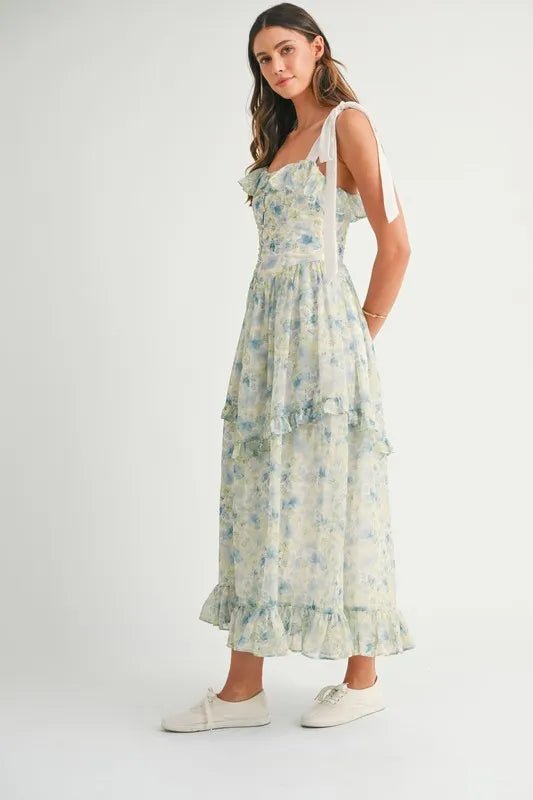 Mable - Blue & Green Floral Tiered Chiffon Maxi Dress