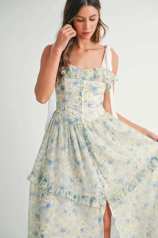 Mable - Blue & Green Floral Tiered Chiffon Maxi Dress
