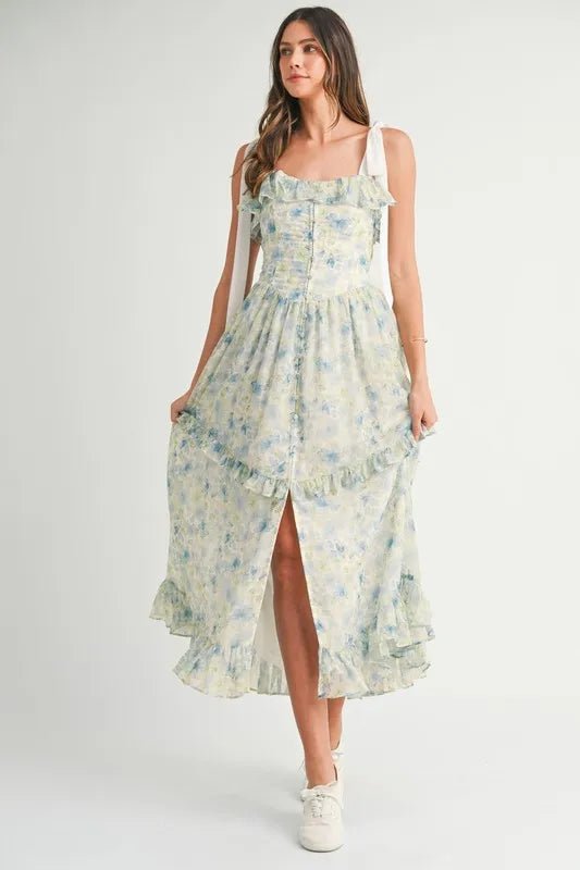 Mable - Blue & Green Floral Tiered Chiffon Maxi Dress
