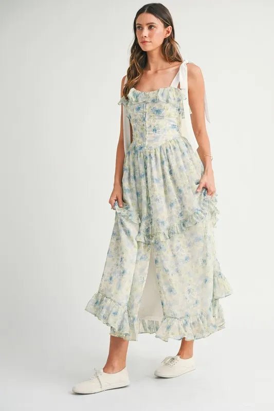 Mable - Blue & Green Floral Tiered Chiffon Maxi Dress