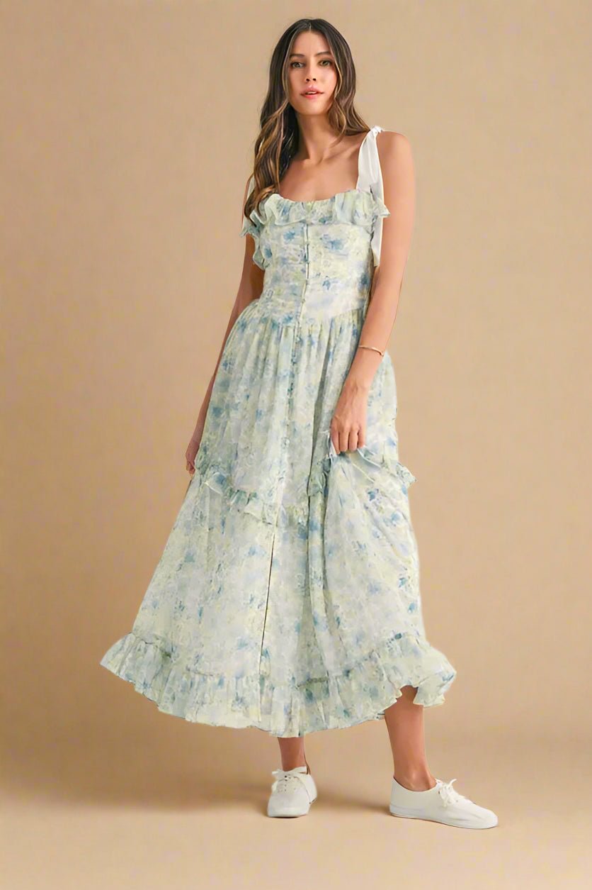 Mable - Blue & Green Floral Tiered Chiffon Maxi Dress
