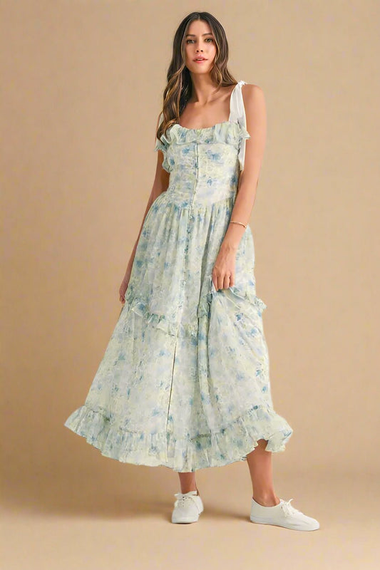 Mable - Blue & Green Floral Tiered Chiffon Maxi Dress