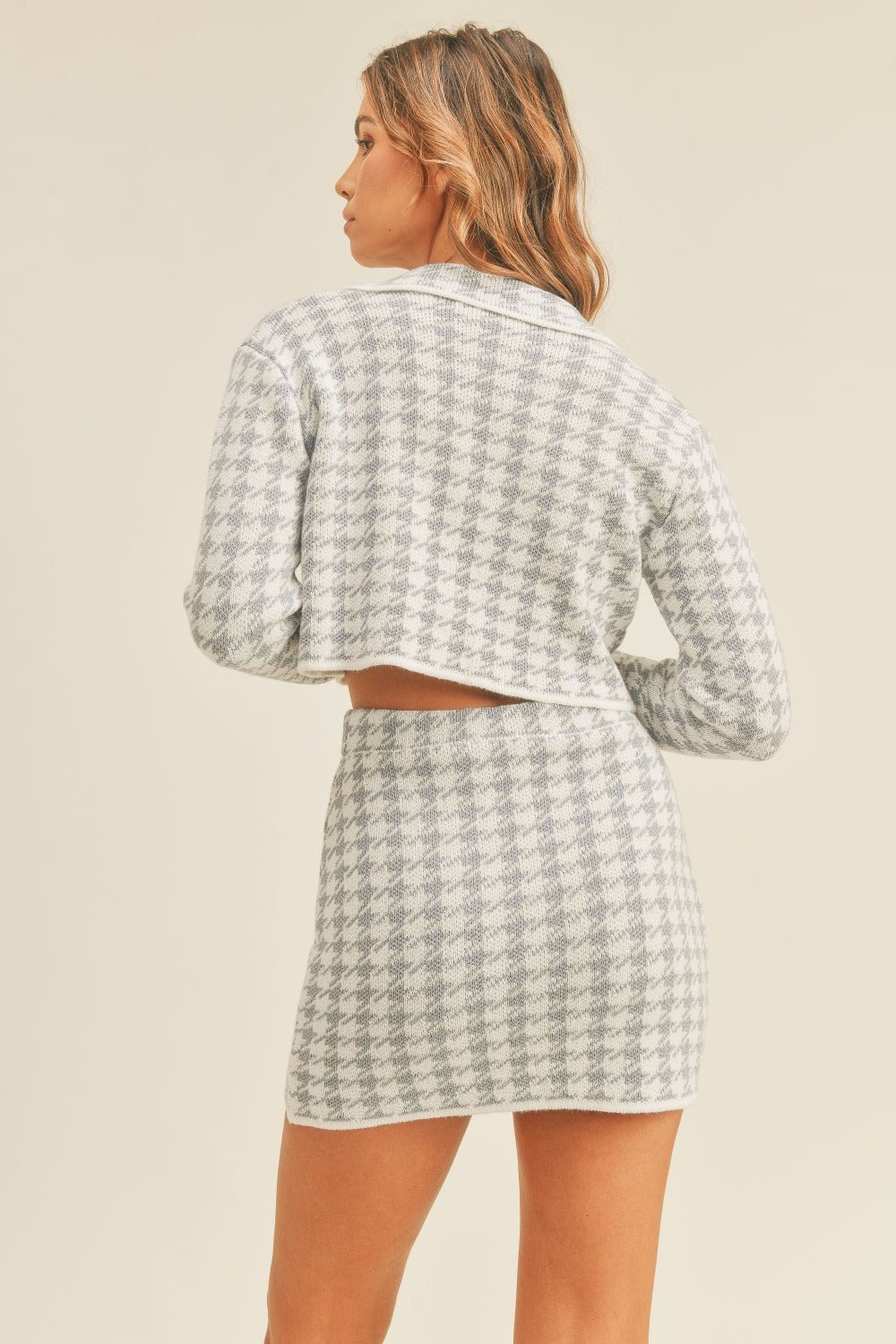 Mable - Blue Houndstooth Cropped Knit Cardigan and Mini Skirt Set