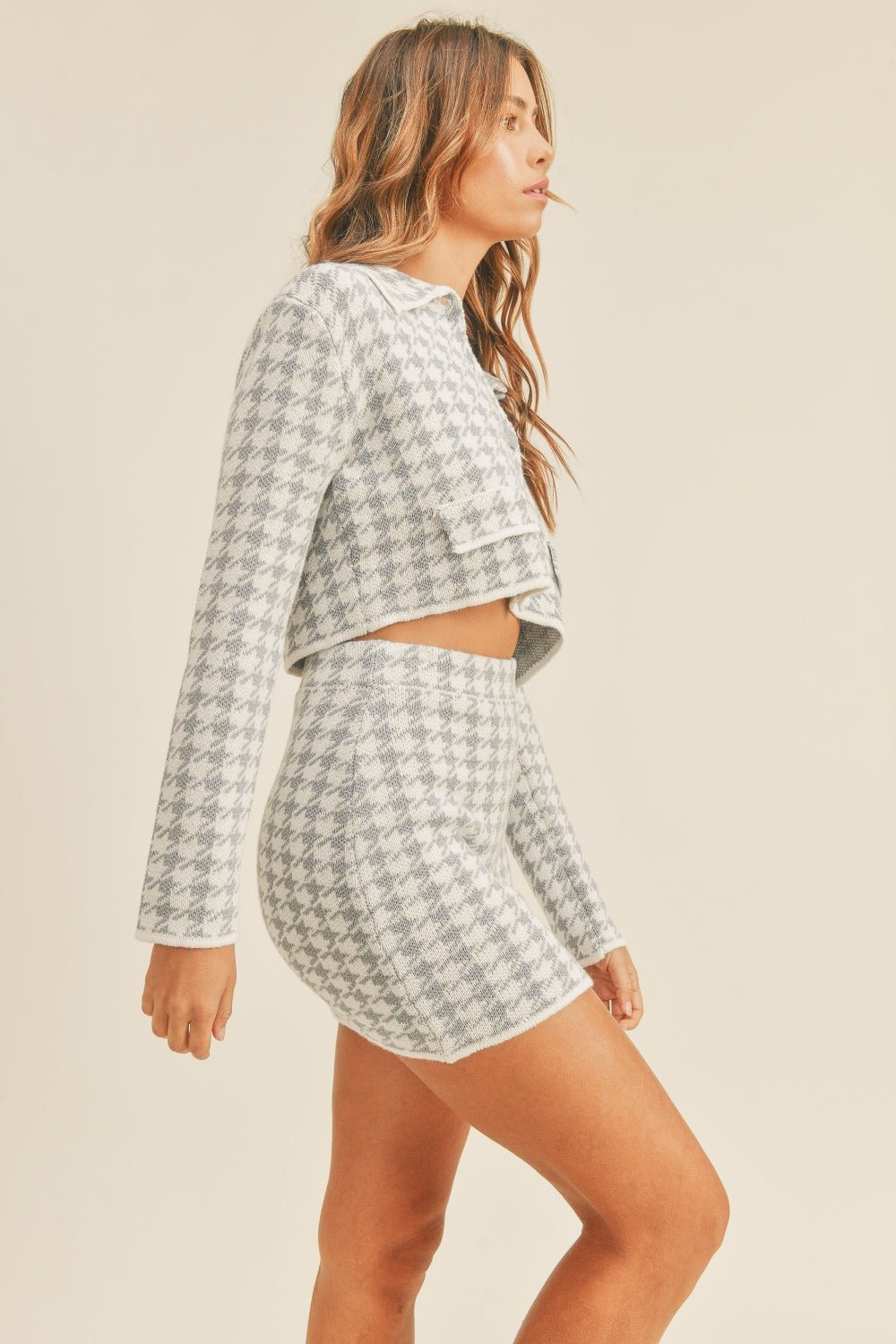 Mable - Blue Houndstooth Cropped Knit Cardigan and Mini Skirt Set