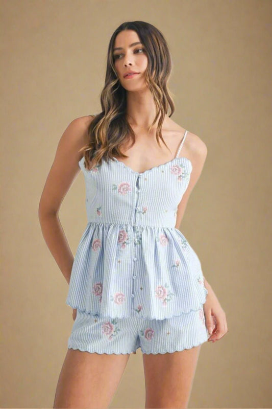 Mable - Blue Pinstripe Floral Peplum Shorts Set