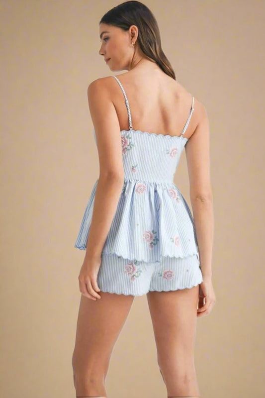Mable - Blue Pinstripe Floral Peplum Shorts Set