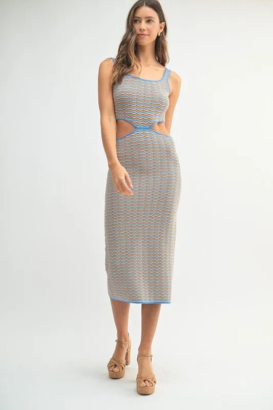 Mable - Blue Trim Cutout Midi Dress – Multicolor Chevron Knit